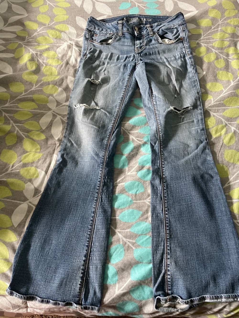 American Eagle Outfitters Distressed Flare Jeans - Light Blue Wash